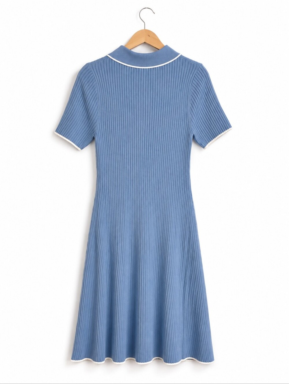 Blue Ribbed Knit Dress White Trim Collared Flare Midi Maxi Coastal Preppy - Picture 4 of 8
